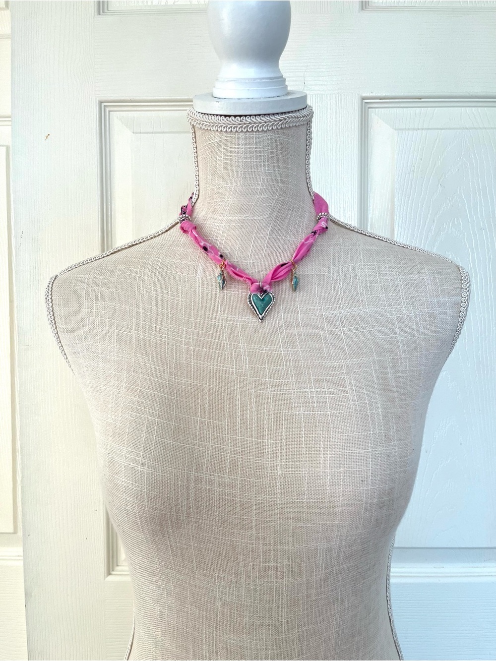 Pink Scarf Necklace with Turquoise Heart and Shell Charms - Picture 2 of 9